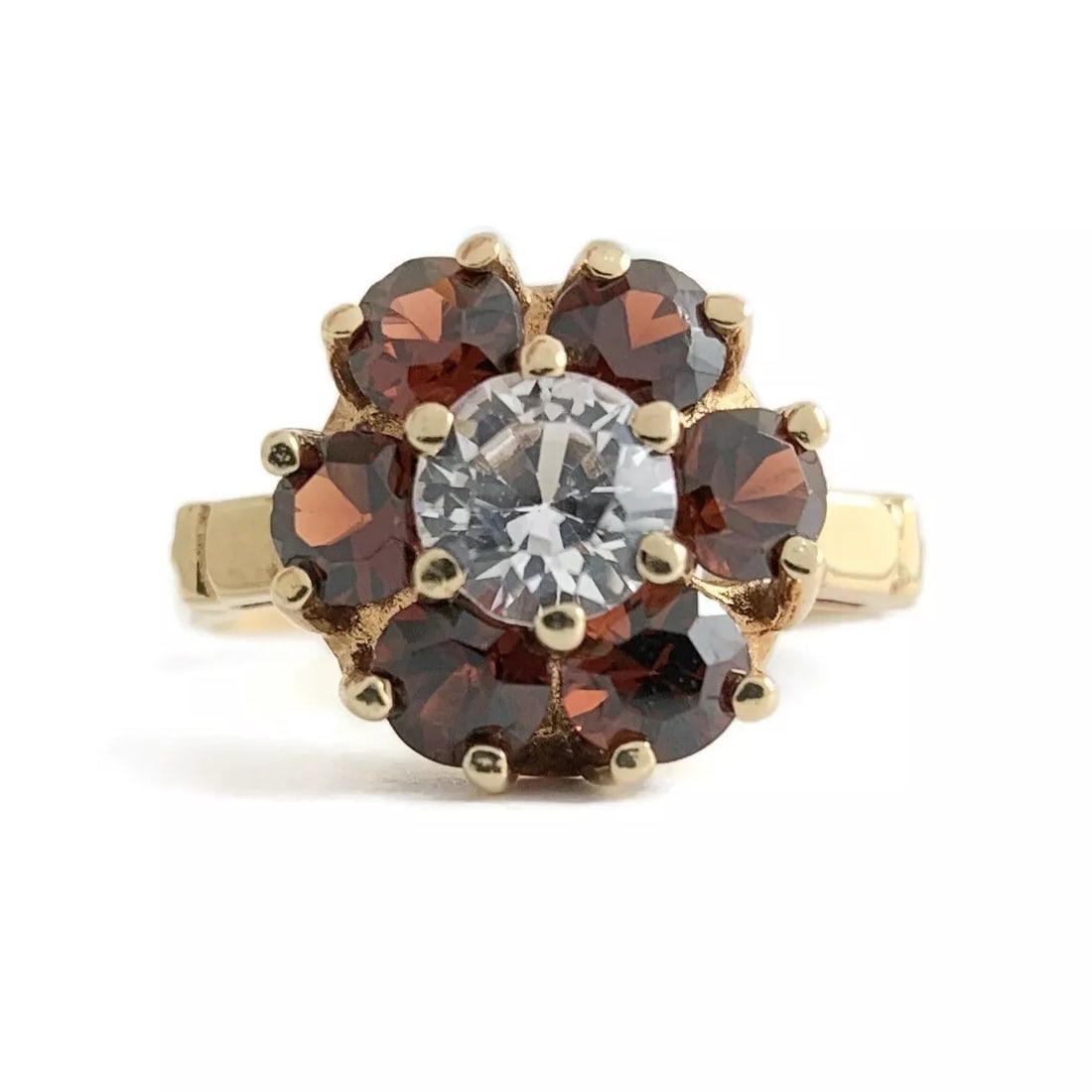 Vintage 1960's Garnet CZ Halo Flower Cluster Ring 14K Yellow Gold, 2.85 Gr (1 of 9)