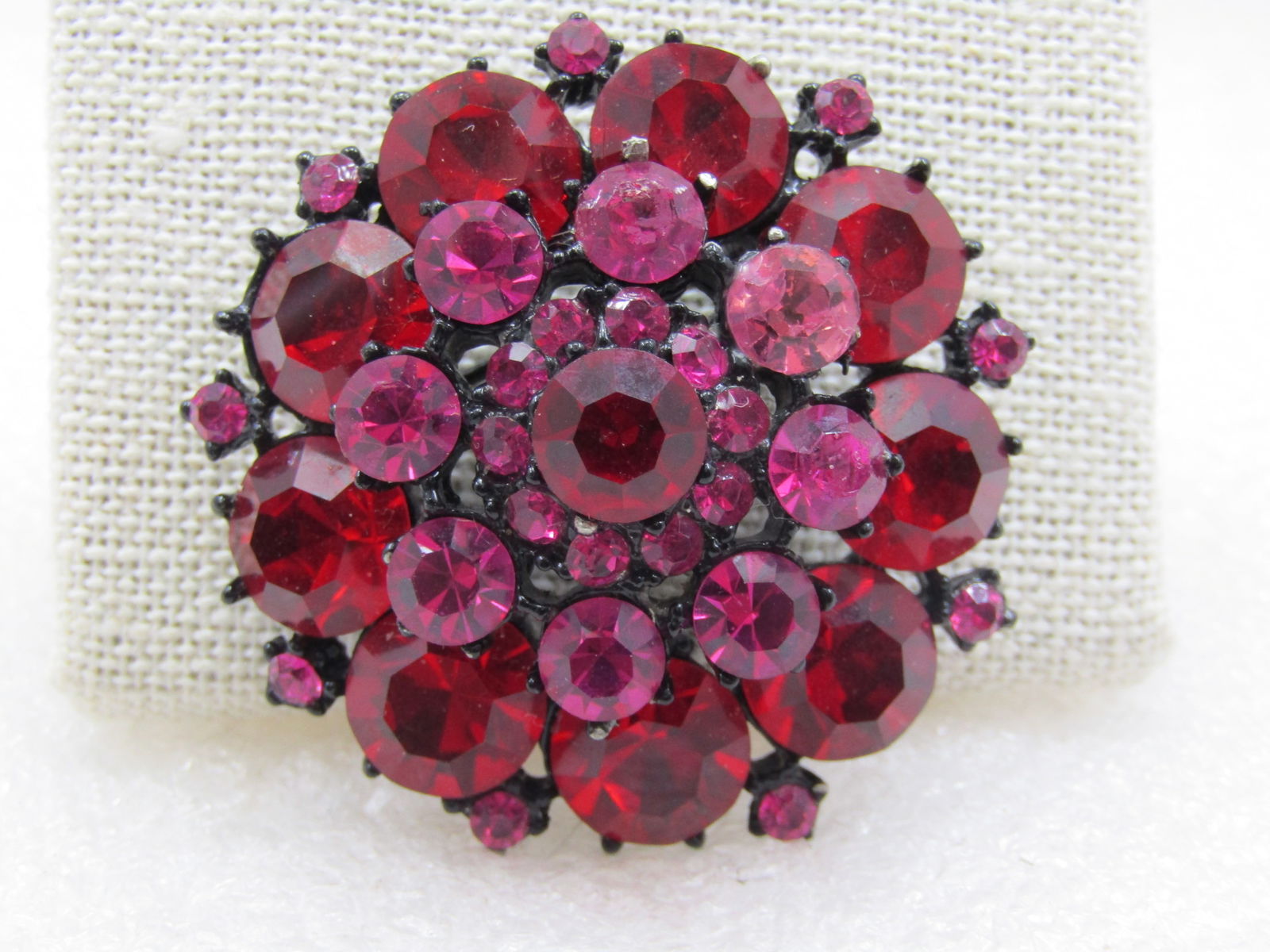 Vintage Black Metal Pink & Red Rhinestone Brooch, 1940's-1950's, Signed (1 of 5)
