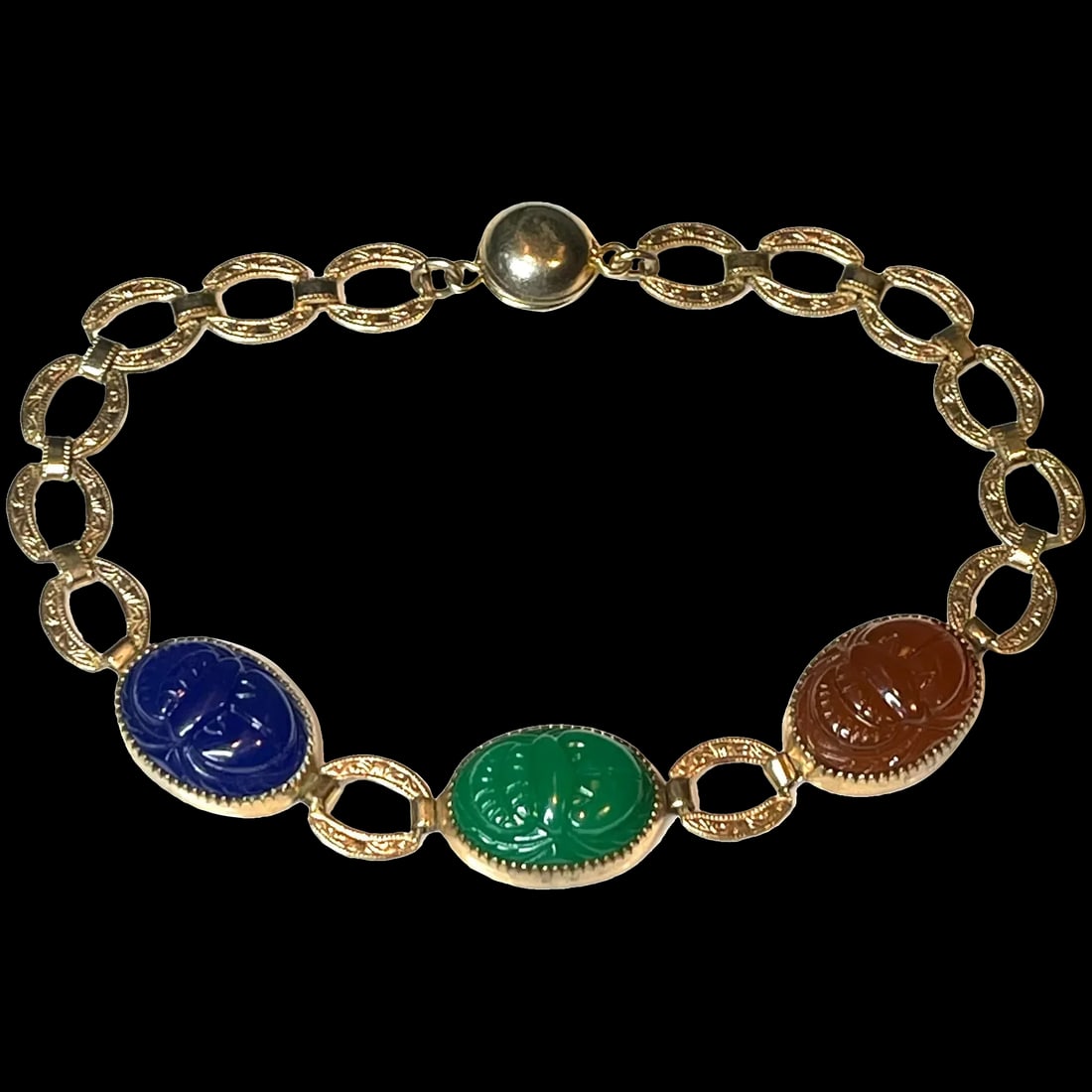 Vintage Scarab Gold Fill Bracelet,: Title: Vintage Scarab Gold Fill Bracelet Description: Lovely Vintage Scarab Gold Fill Bracelet 7 inches Unusual Snap Closure Date/Period: Vintage Materials: Dimensions: Reserve: $45.00 S