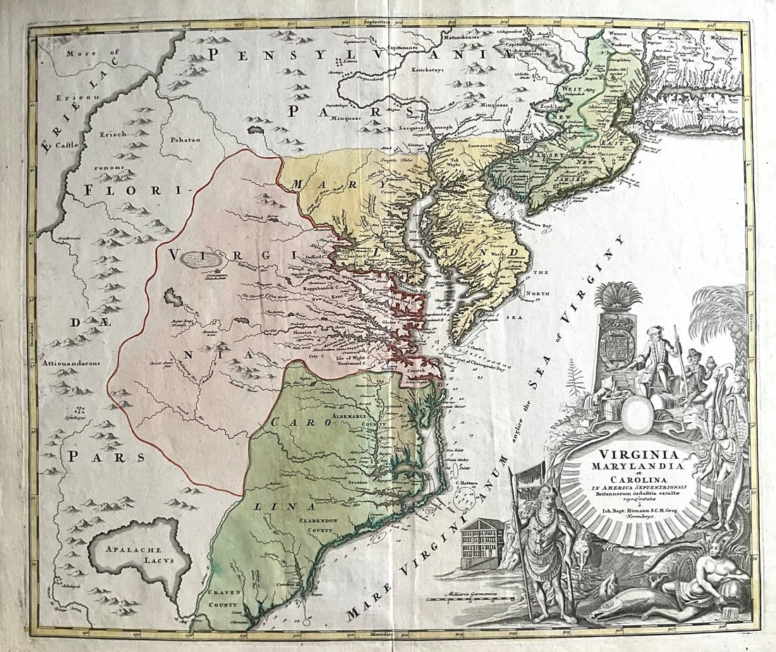 Colonial era Virginia and Mid Atlantic, c1714, by Homann (1 of 4)