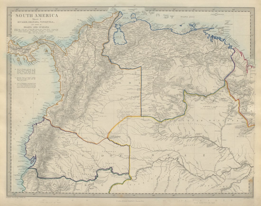 AMAZONIA showing "El Dorado?" & Missions. Brazil Ecuador Colombia SDUK 1874 map: TITLE/CONTENT OF MAP: 'SOUTH AMERICA, SHEET I., ECUADOR, GRANADA, VENEZUELA AND PARTS OF BRAZIL AND GUAYANA' This fascinating map of the North West part of South America/Amazonia covers Ecuador, New G