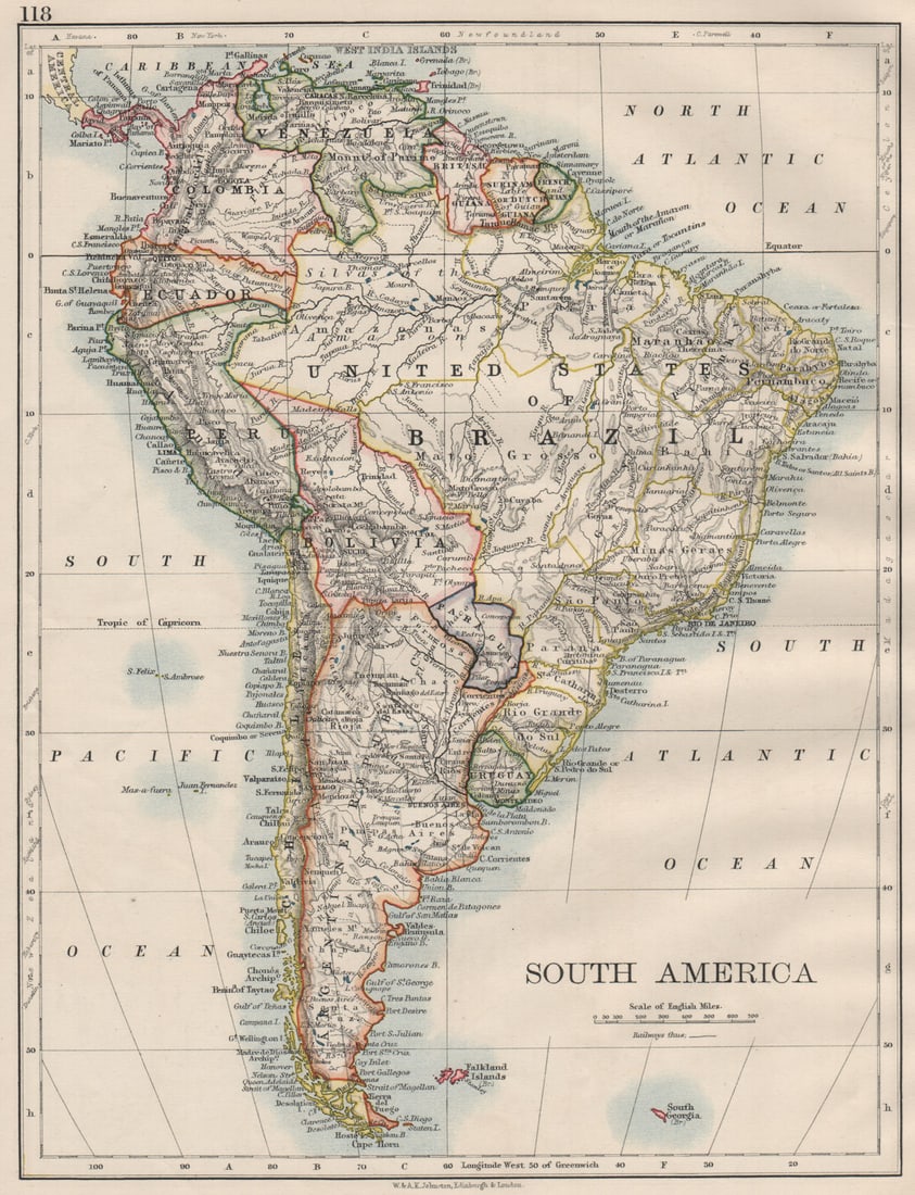 SOUTH AMERICA. Bolivia includes Acre, now in Brazil. JOHNSTON 1900 old map: TITLE/CONTENT OF MAP: 'South America' DATE PRINTED: 1900 IMAGE SIZE: Approx 26.0 x 20.0cm, 10.25 x 7.75 inches (Medium) TYPE: Antique colour map CONDITION: Good; suitable for framing. The image shown 