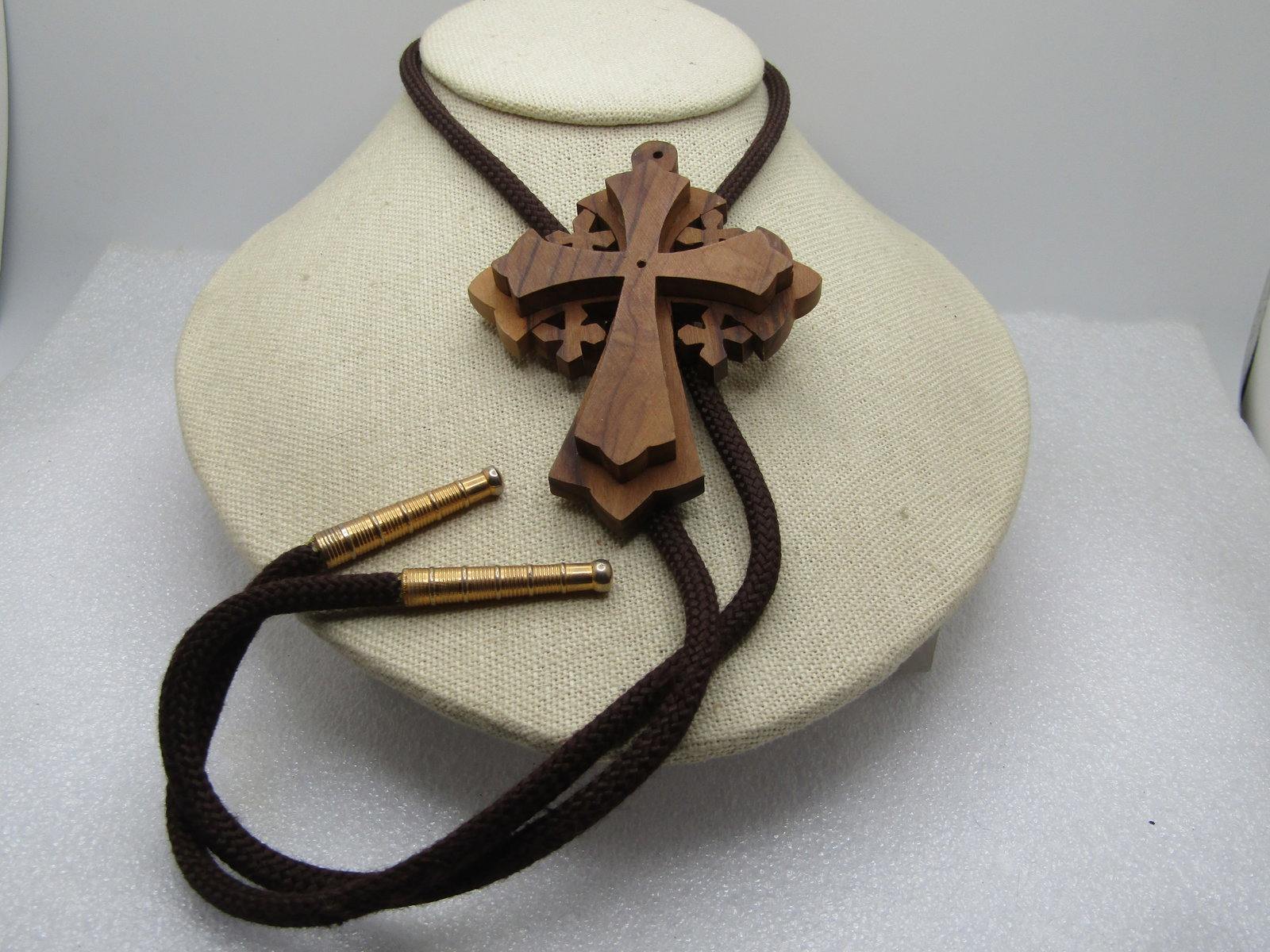 Vintage Wood Carved Multi Cross Bolo Tie, 34" Brown Cord, 1960's-1970's, Southwestern Too. (1 of 5)