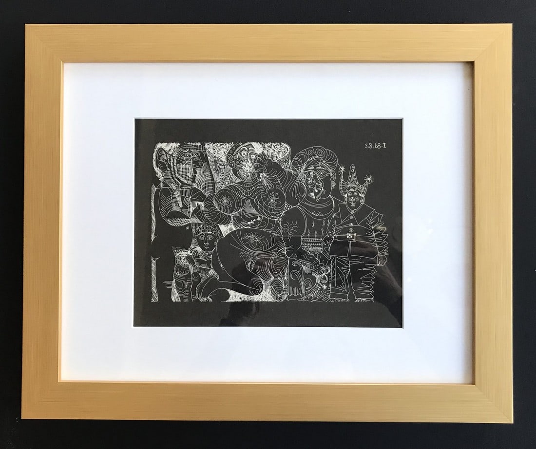 Framed Pablo Picasso Erotic Gravures 1 dated 3/8/1968*: Title: Untitled - Erotic Gravures Artist: Pablo Picasso Country: Spain Medium: Gravures Marks: Numbered 1 dated 3 /8/1968 in plate Paper Size: 11 x 11 inch Printed: 1968 on velum paper Provenanc