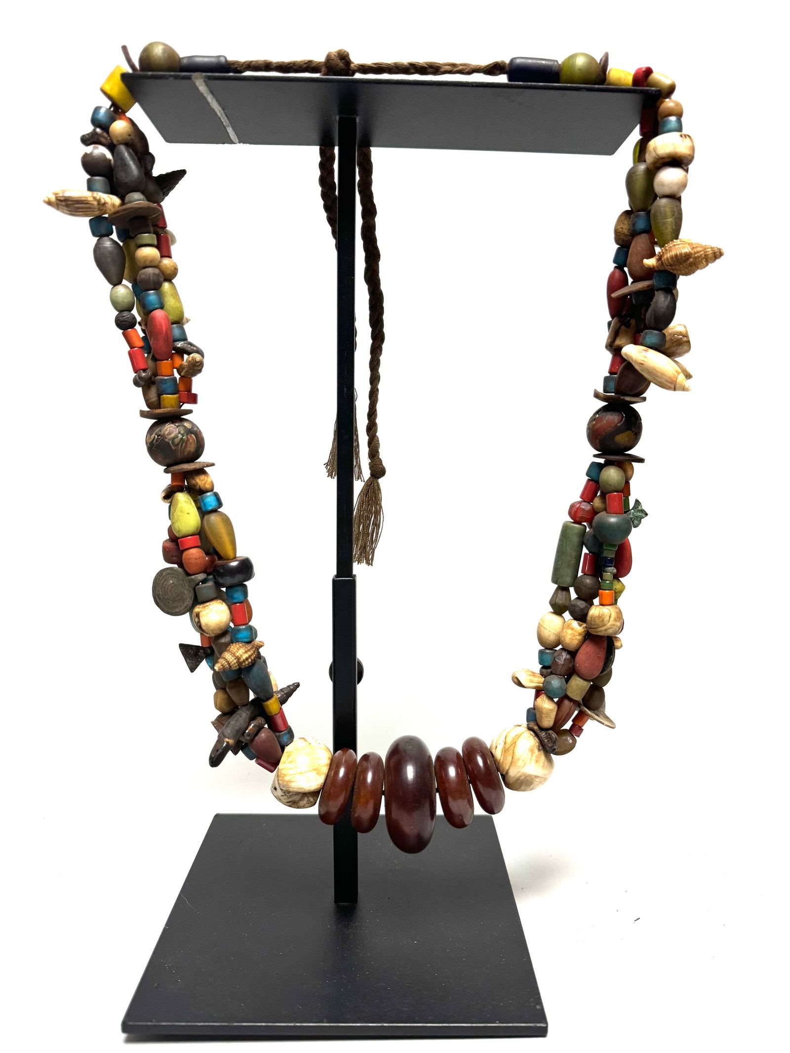 Headhunters warrior necklace - Naga - India: Authentic Naga Head Hunter Warrior's Ceremonial Necklace. Hand carved tubular Carnelian Beads, Dark Blue, Yellow, Orange, White Heart Red Trade Beads, 2 Hand Carved Bone Spacers; All Strung on the Ori