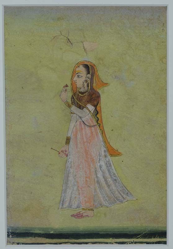 18c Indian WATERCOLOR MAIDEN with flower (1 of 6)