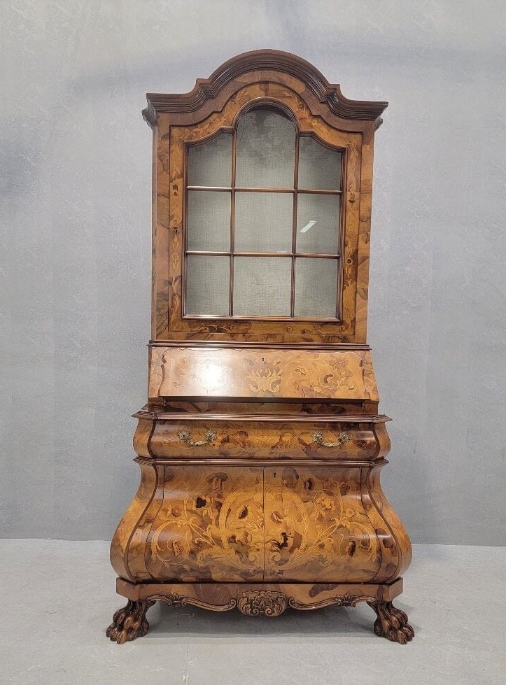 Vintage Italian Baroque Style Marquetry Inlay Carved Flip-Down Secretary Display Cabinet (1 of 9)