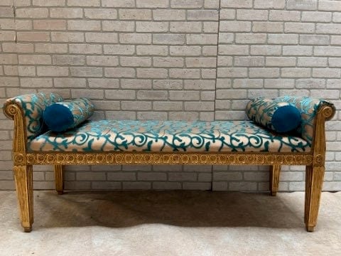 Antique French Louis XV Style Carved Painted Scroll Arm Bench Newly Upholstered in a Patterned Teal (1 of 8)