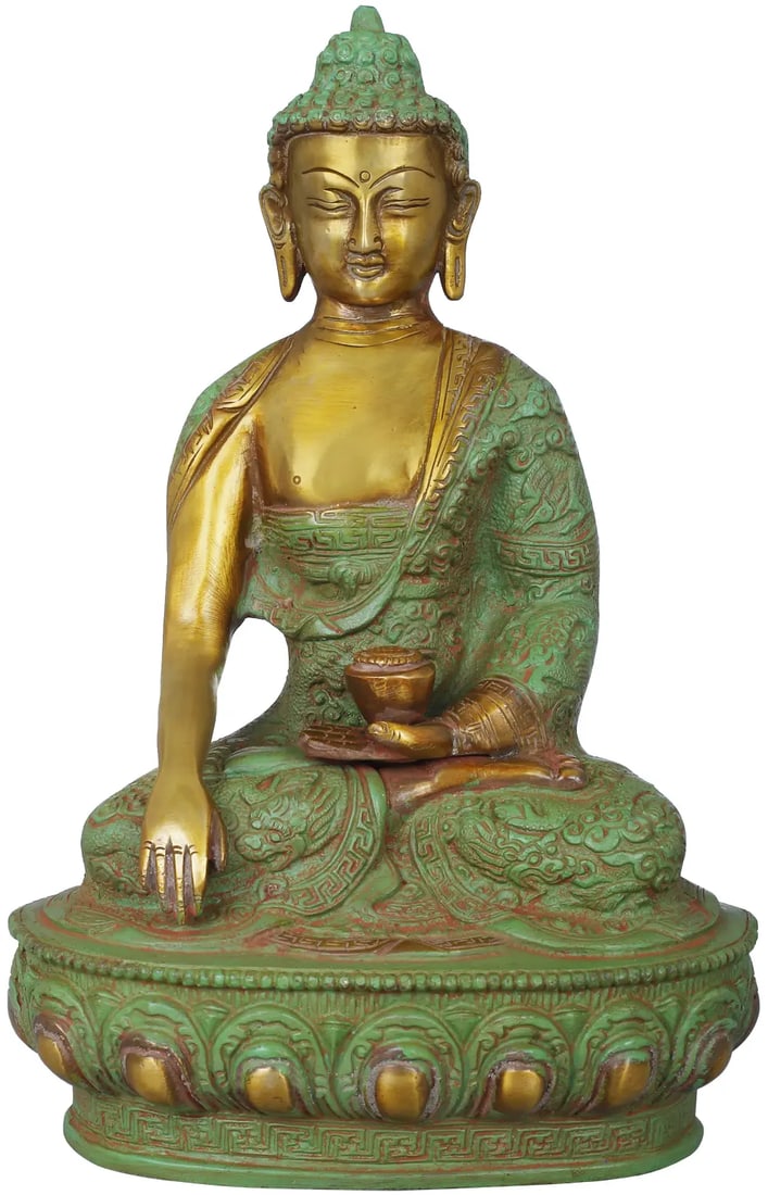 10" Lord Buddha Wearing a Dragon Carved Robe - Tibetan Buddhist In Brass | Handmade | Made In India: Title: 10" Lord Buddha Wearing a Dragon Carved Robe - Tibetan Buddhist In Brass | Handmade | Made In India Description: Brass Statue Height: 10.5 inch Width: 4.7 inch Depth: 6.8 inch Weight: 3.70 kg R