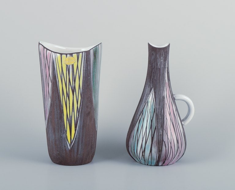 Mari Simmulson for Upsala Ekeby, Sweden. Ceramic vase and pitcher in modernist style with abstract: Mari Simmulson (1911-2000) for Upsala Ekeby, Sweden. Ceramic vase and pitcher in modernist style with abstract motifs. Approximately from the 1960s. Model number 4453 + 4415. In perfect condition. Mar
