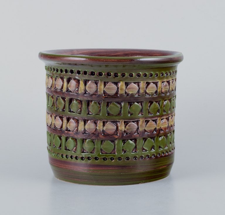 Bitossi, Italy, ceramic herb pot with a geometric pattern and glaze in green, brown, and yellow (1 of 4)