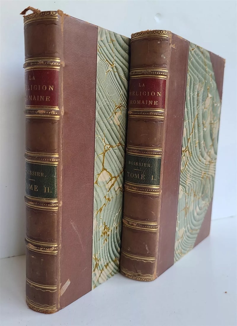 1892 LA RELIGION ROMAINE by GASTON BOISSIER antique 2 VOLUMES in FRENCH: LA RELIGION ROMAINE by GASTON BOISSIER Paris; 1892 Size 5 by 7 1/2" Original 3/4 leather over marbled boards binding marbled endpapers, gilt top edge Very good interior condition, minor wear of bindin