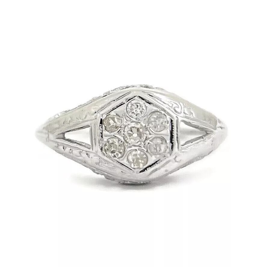 Antique Art Deco 1920's Cluster Pave Diamond Filigree Ring 18K White Gold 2.28 G (1 of 10)