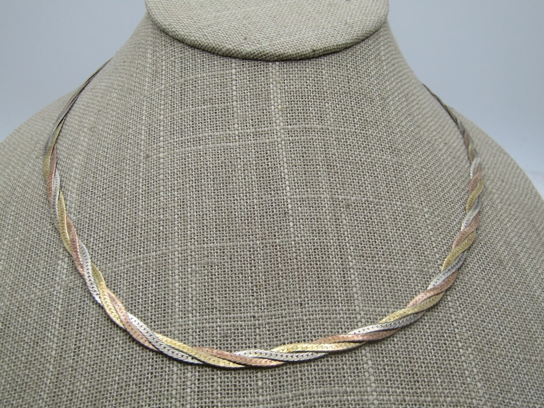 Vintage Sterling Herringbone Necklace, Braided Tri-Color, 4.5mm, 18", Signed (1 of 6)