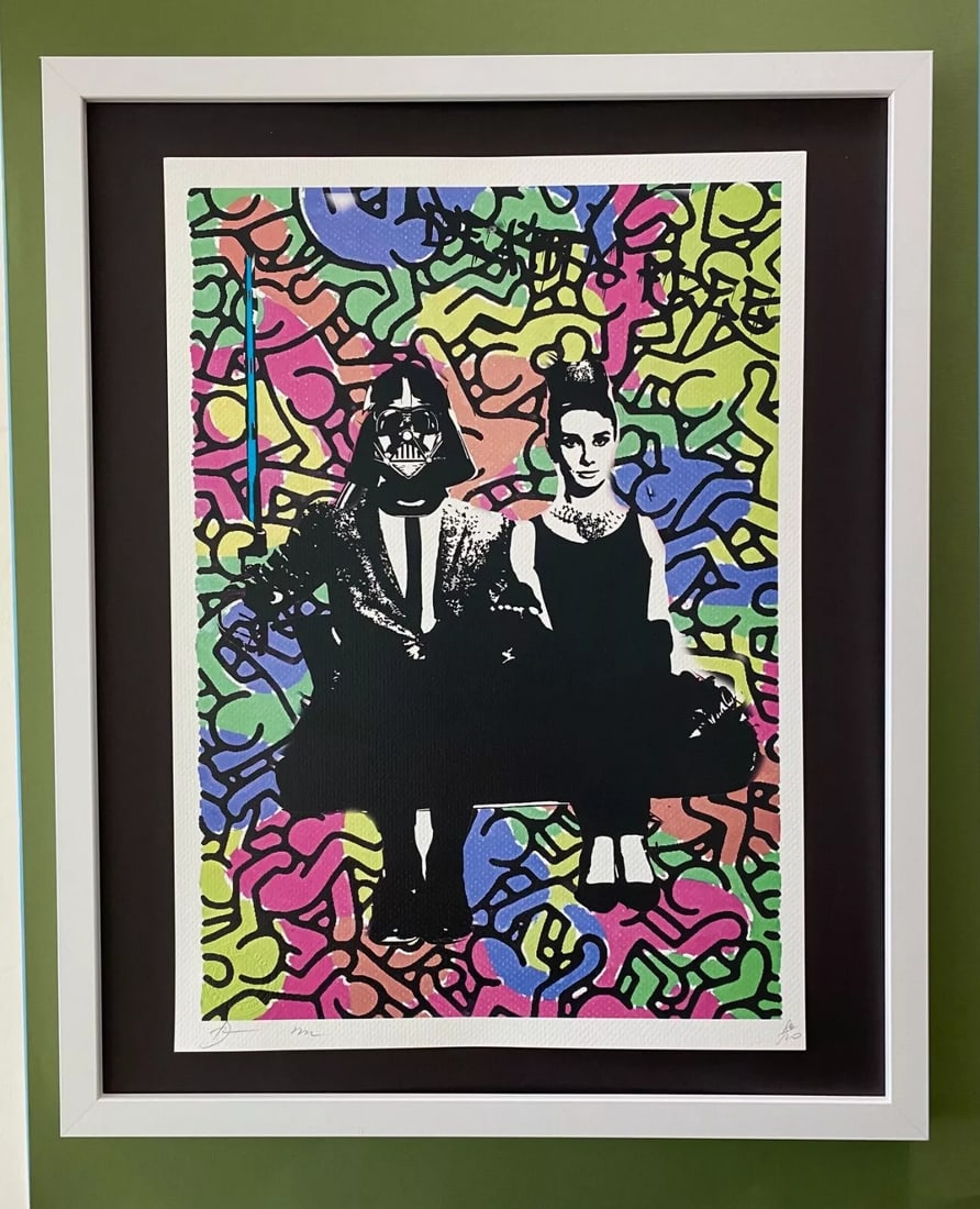 Death NYC Large Framed 16x20in Pop Art Hand Signed COA Darth Vader Haring: Up for Sale this Beautiful and Scarce Print by Pop Art Graffiti Master Artist Death NYC Hand Signed in Pencil Numbered X/100 or Artist Proof This piece is mounted on a 20 x 16 in. black acid free blac
