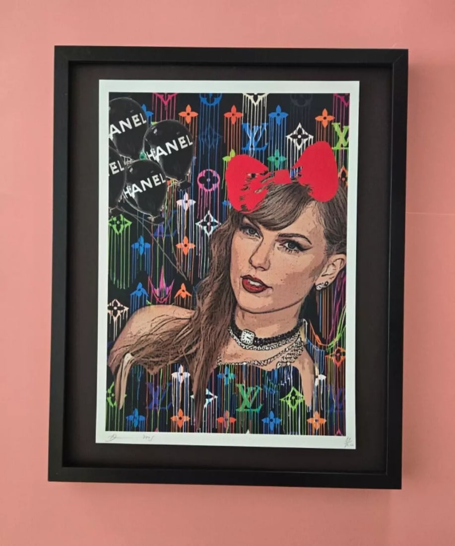 Death NYC Large Framed 16x20in Pop Art Graffiti COA TAYLOR SWIFT WITH CHANEL #7: Up for Sale this Beautiful and Scarce Print by Pop Art Graffiti Master Artist Death NYC Hand Signed in Pencil Numbered X/100 or Proof This piece is mounted on a 20 x 16 in. black acid free black board