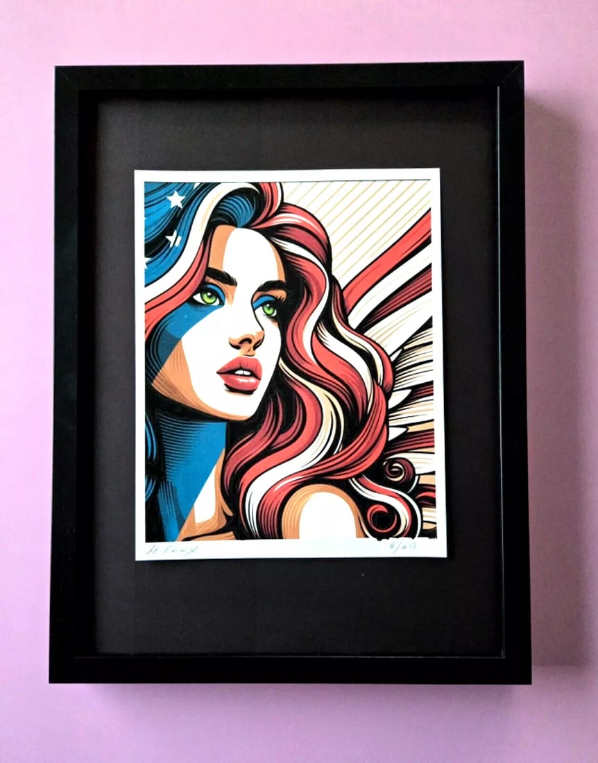 AIDAN FLUX | Hand Signed Authentic Print Framed American Angel COA: This is a one-of-a-kind Hand Signed Authentic Giclee by AIDAN FLUX. From his Series "American Icons" The artist has created a stunning piece of art that features a powerful message about women's empow