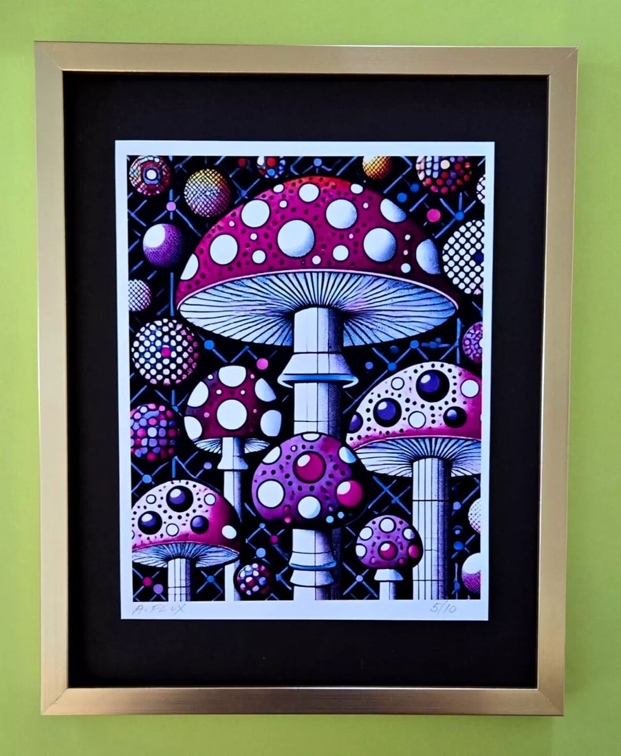 AIDAN FLUX | Hand Signed Authentic Ltd ED of 10 Print Framed Mushrooms World COA: This is a one-of-a-kind Hand Signed Authentic Giclee by AIDAN FLUX. From his Series " Universal Icons" The artist has created a stunning piece of art that features a powerful message about women's emp