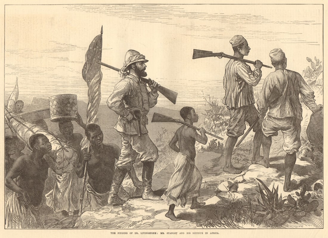 Finding Dr. Livingstone: Mr Stanley & his retinue. Africa Explorers 1872 print: TITLE OF THE PRINT: 'The finding of Dr. Livingstone : Mr Stanley and his retinue in Africa' DATE PRINTED: 17 August 1872 IMAGE SIZE: Approx Overall page size: 39 x 26cm, 15 x 10 inches; image size as 