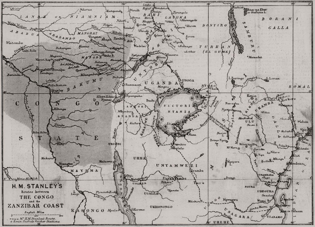 Central Africa. Map showing great forest traversed by Mr Stanley 1890 old: CAPTION PRINTED BELOW PICTURE: 'Map showing the great forest traversed by Mr. Stanley and his party; the shaded space shows the limits of the great forest, described in Mr. Stanley's lecture to the Ro