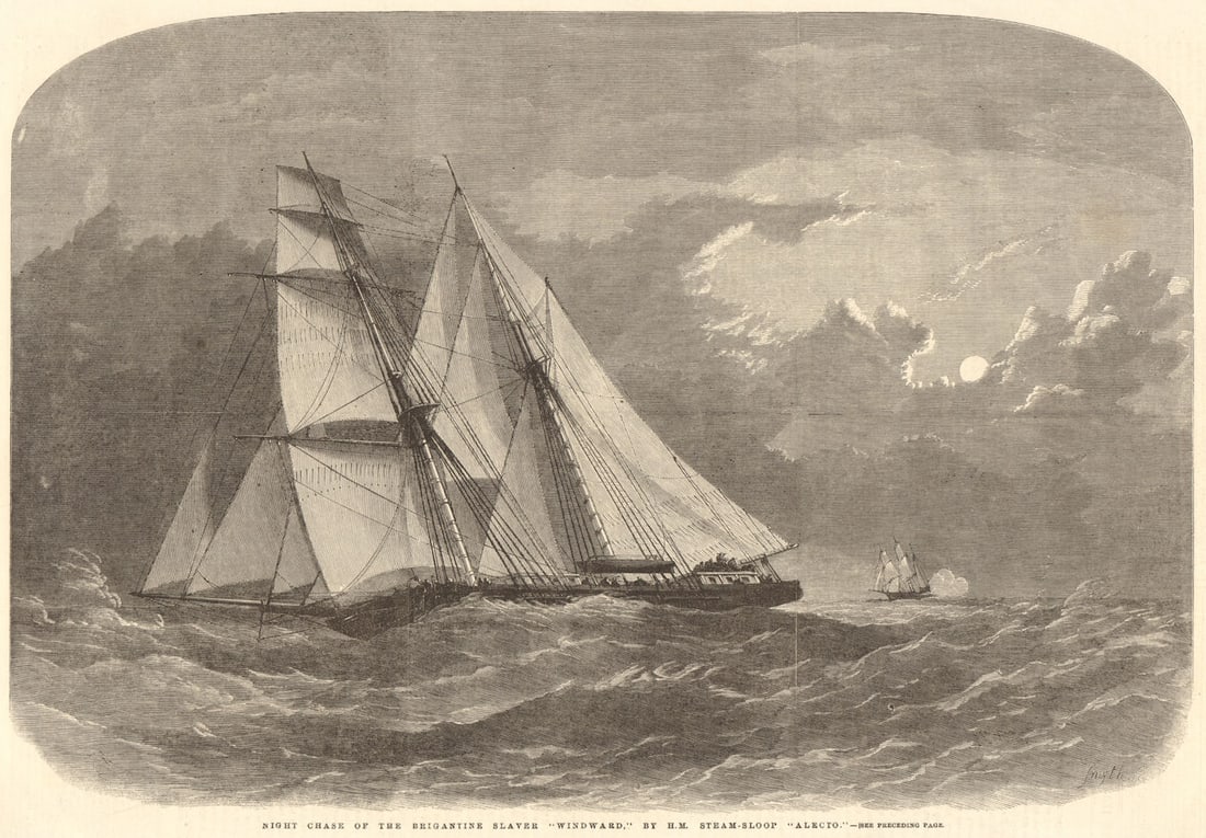 HM steam-Sloop Alecto chasing the Brigantine Slaver Windward. Africa 1858: TITLE OF THE PRINT: 'Night chase of the Brigantine slaver "Windward" by H.M. steam-sloop "Alecto"' DATE PRINTED: 1 May 1858 IMAGE SIZE: Approx Overall page size: 39 x 26cm, 15 x 10 inches; image size 