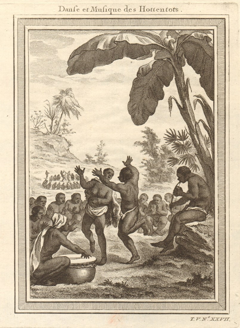 Danse & Musique des Hottentots. Southern Africa Khoikhoi music dance 1748: CAPTION PRINTED BELOW PICTURE: Danse et Musique des Hottentots [Dance & music of the Khoikhoi] DATE PRINTED: 1748 IMAGE SIZE: Approx 21.0 x 15.5cm, 8.25 x 6 inches (Medium) TYPE: Antique copperplate p