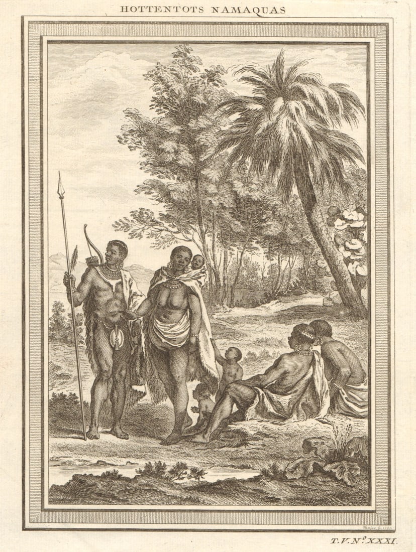 Hottentots Namaquas'. Khoikhoi people of Namaqualand. Namibia/South Africa 1748: CAPTION PRINTED BELOW PICTURE: Hottentots Namaquas [Khoikhoi of Namaqualand] DATE PRINTED: 1748 IMAGE SIZE: Approx 21.0 x 15.5cm, 8.25 x 6 inches (Medium) TYPE: Antique copperplate print CONDITION: Go