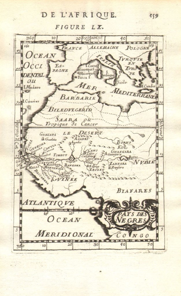 WEST AFRICA Niger/Gambia rivers tribes towns. 'Pays des Negres'. MALLET 1683 map: TITLE OF THE MAP: 'Pays des Negres' (De L'Afrique) Shows Madeira. Canaries. etc. DATE PRINTED: 1683 IMAGE SIZE: Approx Overall page size 13 x 21cm approximately (5 x 8 inches); image size 10.5 x 14.5c