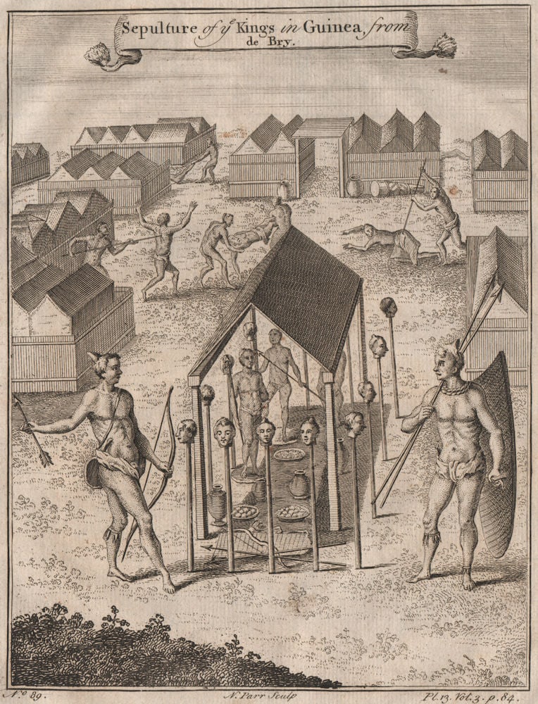 Sepulture of the Kings in Guinea'. Beheadings. Executions. After DE BRY 1746: CAPTION PRINTED BELOW PICTURE: 'Sepulture of the Kings in Guinea, from de Bry' DATE PRINTED: 1746 IMAGE SIZE: Approx 20.0 x 15.0cm, 7.75 x 6 inches (Medium) TYPE: Antique copperplate print CONDITION: 