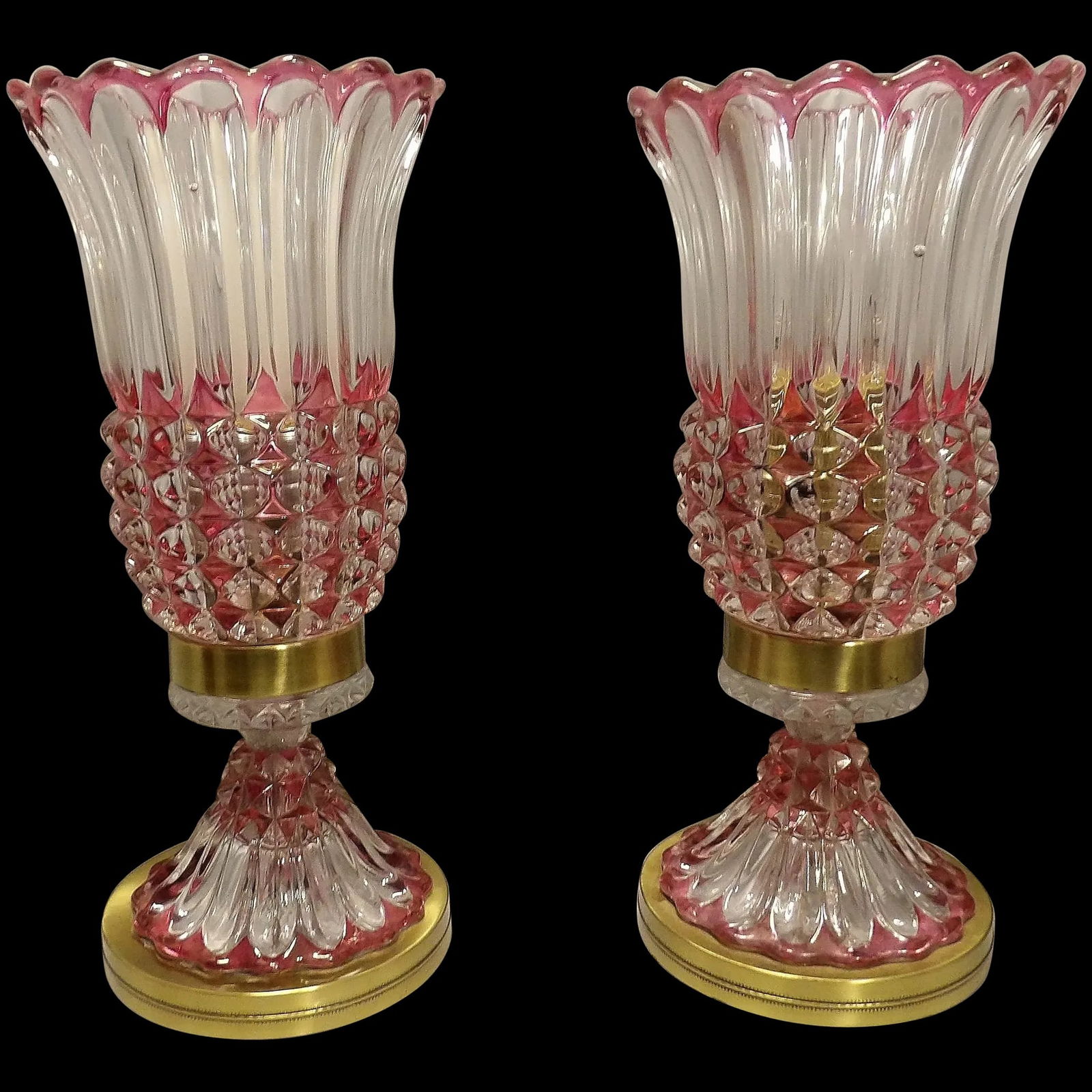 Vintage Pair of Table Top 13 ½” Crystal Art Glass Torchiere Lamps with Cranberry Flashing (1 of 13)
