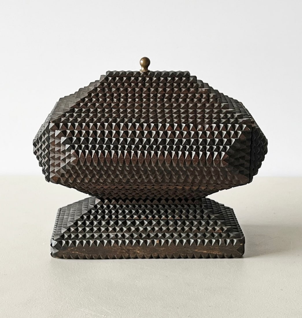 Deeply Layered Tramp Art Pedestal Box on Wide Base (1 of 6)