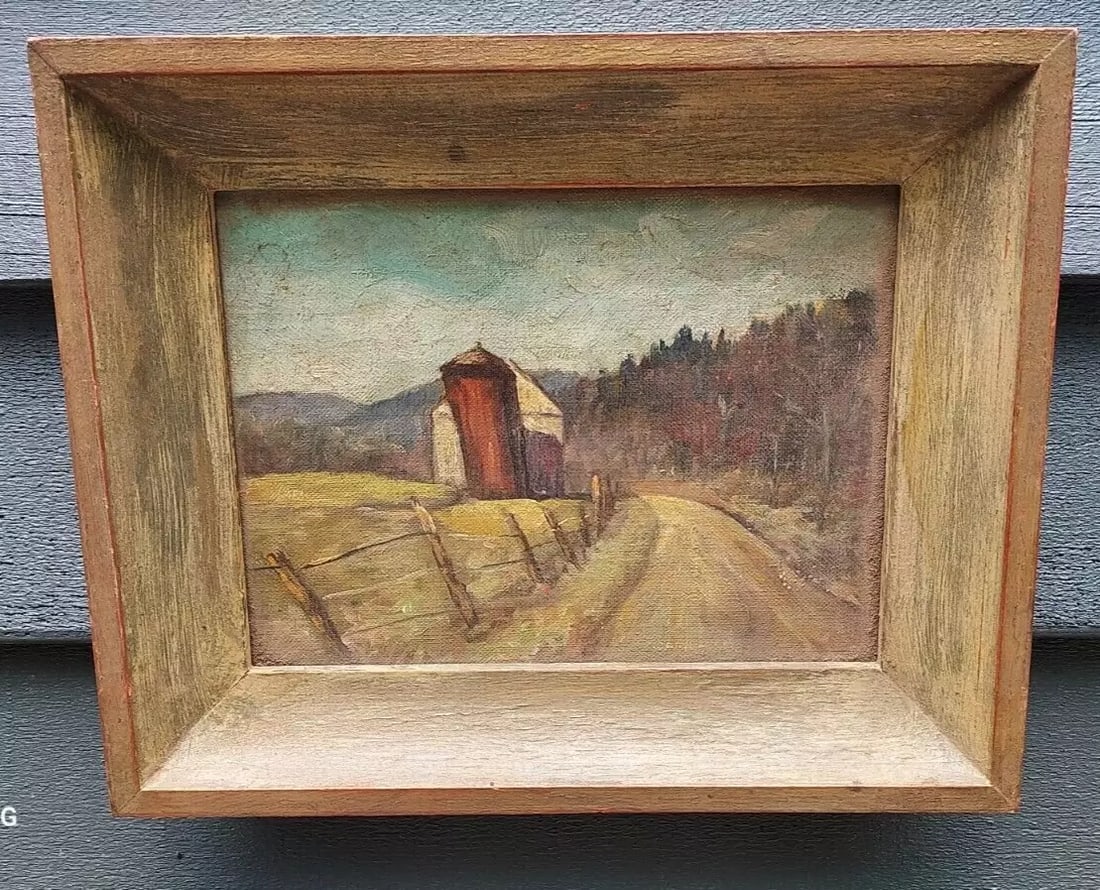 19th century oil painting Caryl Harris (1884) Artist Leaning silo farmhouse (1 of 3)