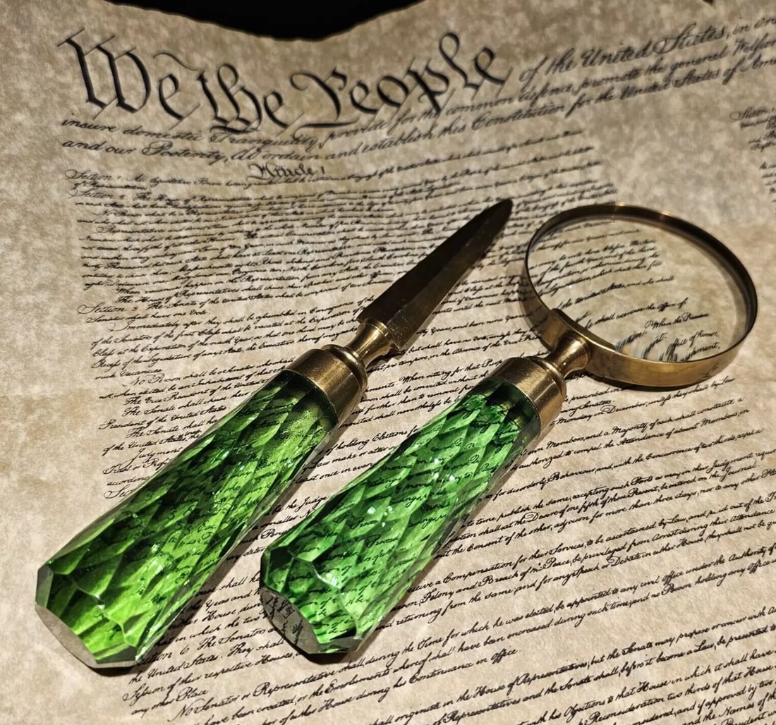 Magnifying Glass Letter Opener Set w Green Glass: 8" Long Magnifying Glass 3" Diameter 8" Letter Opener Nice reproduction magnifying glass letter opener set. The metal is an aged brass making it look that much more real! Not only do they look like ra