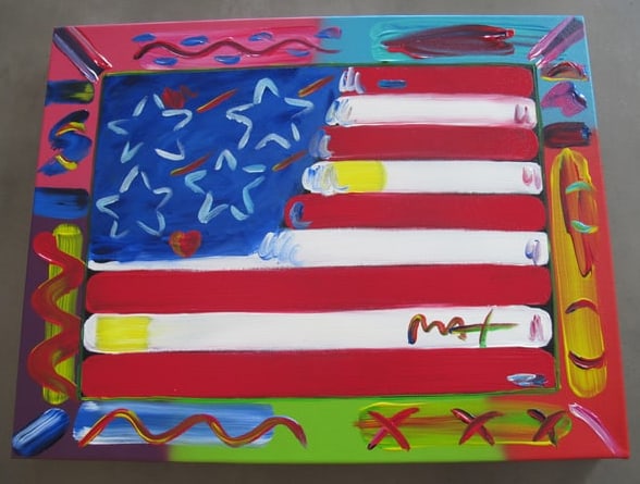 Peter Max Acrylic Painting on Canvas HAND Painted & Signed Heart With Flag One of a kind Artwork (1 of 1)