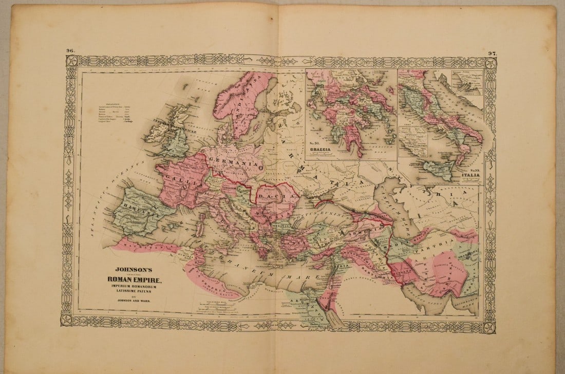 1863 Johnson Map of the Roman Empire -- Johnson's Roman Empire, Imperium Romanorum Latissime Patens: Title: 1863 Johnson Map of the Roman Empire -- Johnson's Roman Empire, Imperium Romanorum Latissime Patens Cartographer: Johnson & Ward Year / Place: 1863, New York Map Dimension (in.): 13 X 20.7 in. 
