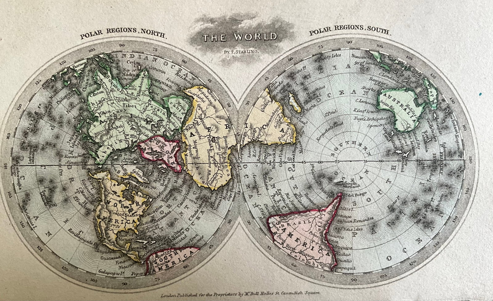 1834 World on Polar Projection by Thomas Starling: Title: 1834 World on Polar Projection by Thomas Starling Date: 1834 Materials: Hand colored, steel engraved Dimensions: 6 1/2 x 4 inches. Description: This map displays the world on a polar projection