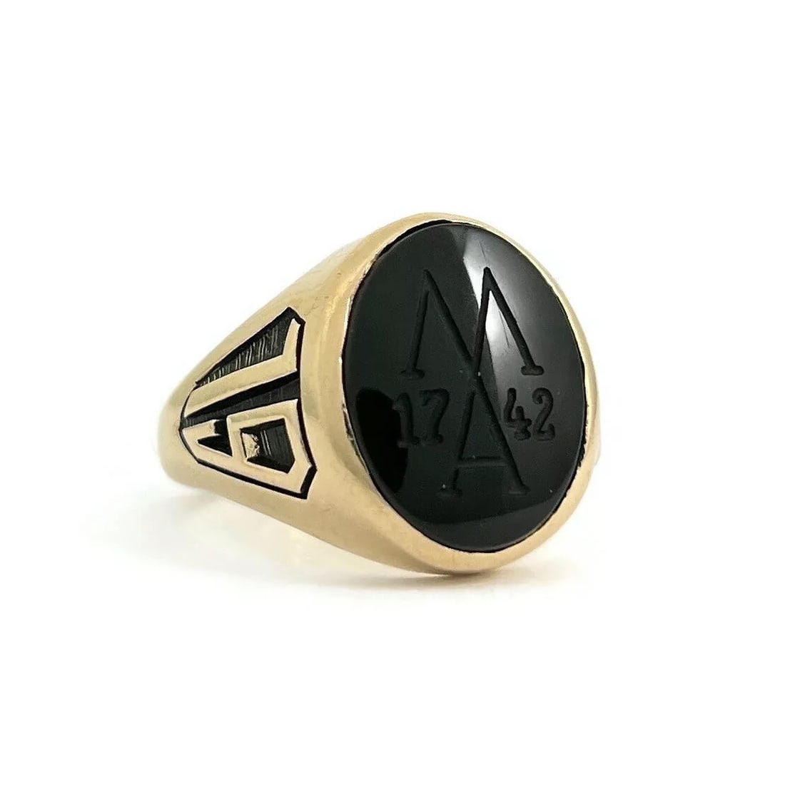 Vintage 1987 Black Onyx Engraved 1742 Class Ring 14K Yellow Gold, 8.65 Grams (1 of 11)
