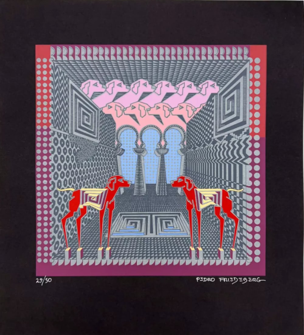Pedro Friedeberg | Mexican Master Hand Signed Color Serigraph Architectural Dogs (1 of 4)
