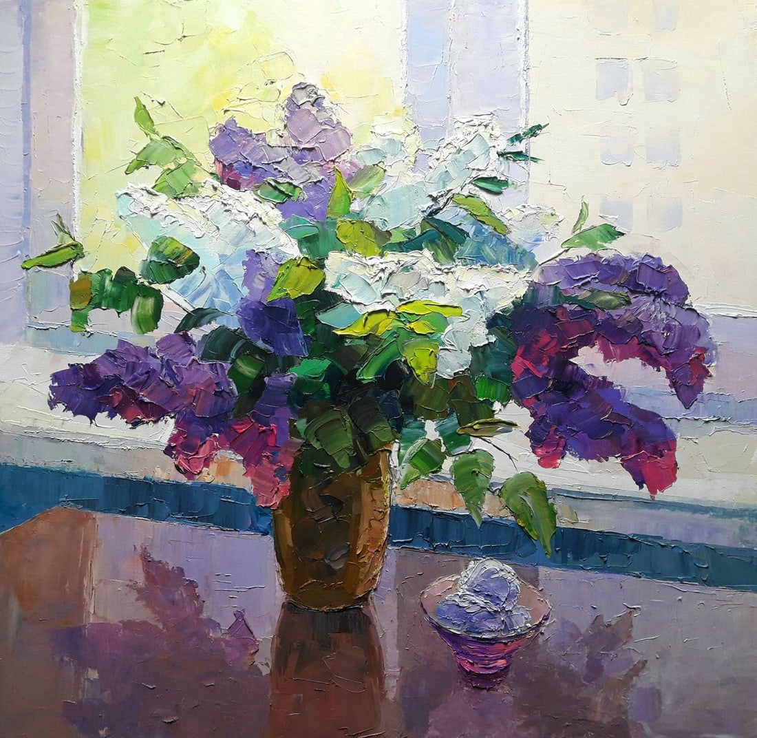 Oil painting Lilac on the window background Serdyuk Boris Petrovich: №SERB 650 *** ABOUT THIS PAINTING *** * TITLE: "Lilac on the window background" * ARTISTS: Serdyuk Boris Petrovich * SIZE: 69x71 cm/'27.16x27.95 inches' * MEDIUM: oil, canvas * HAND PAINTED: Ori