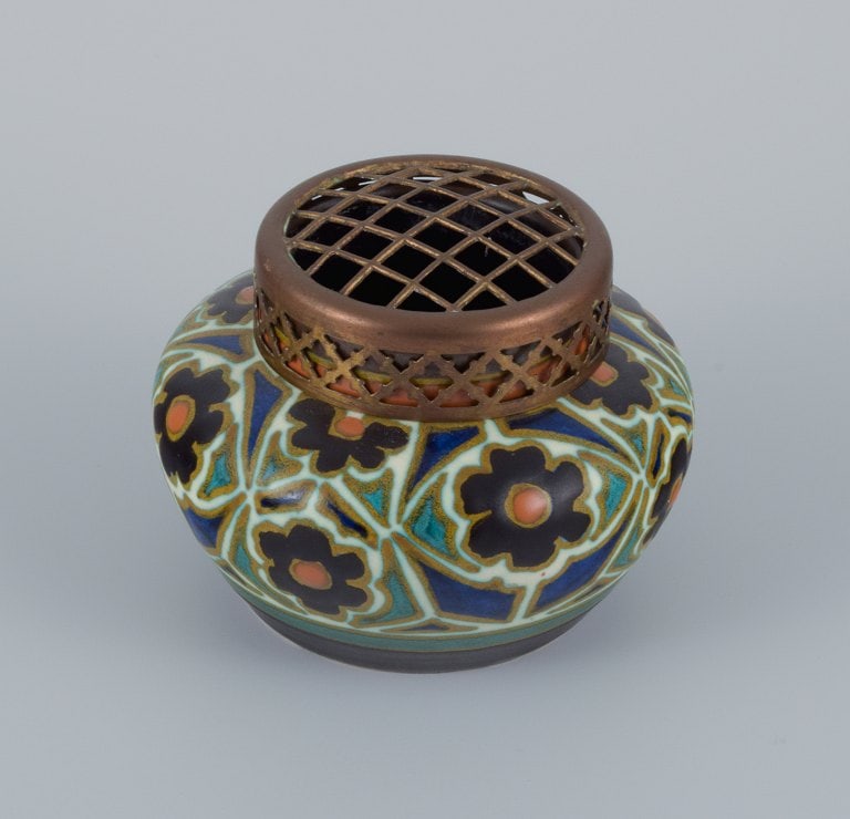 Gouda, Holland, art nouveau hand decorated ceramics. Incense vase with brass lid. (1 of 7)