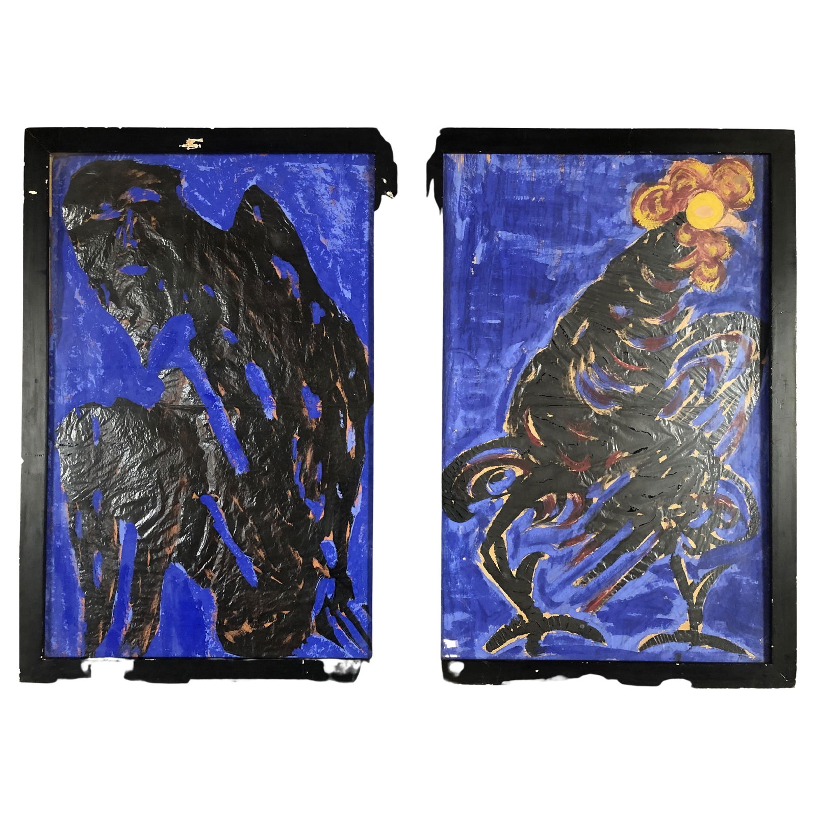 Abstract Expressionism Chicken and Man Blue Painting Pair, Unsigned: About the Item Abstract acrylic Expressionism artwork painting of a chicken and man blue painting on paper in original black frames both 32" X 21.5" in size. The first painting is of a shadowy man and