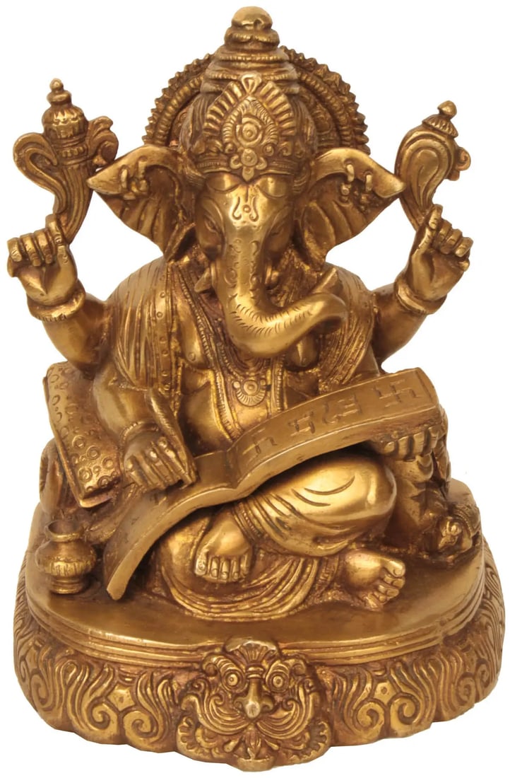 7" Lord Ganesha Scripting the Mahabharata In Brass | Handmade | Made In India (1 of 2)