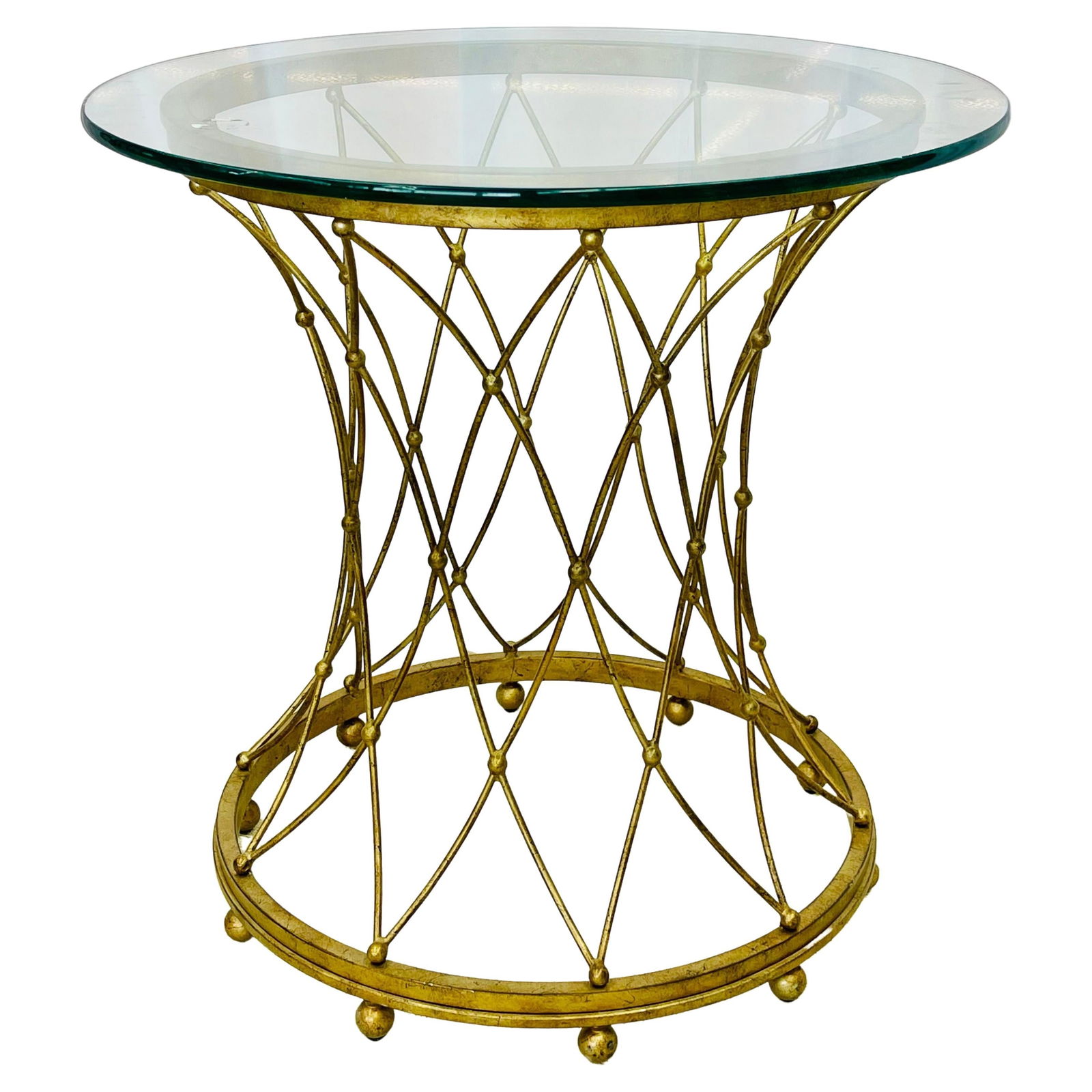 Neoclassical, Maison Jansen Style Round Gilt Metal Coffee Table, Side Table: About the Item Neoclassical, Maison Jansen style round gilt metal coffee table, side table Decorative coffee or side table have an eccentric basket type metal base. Similar to: Maison Jansen (Designer