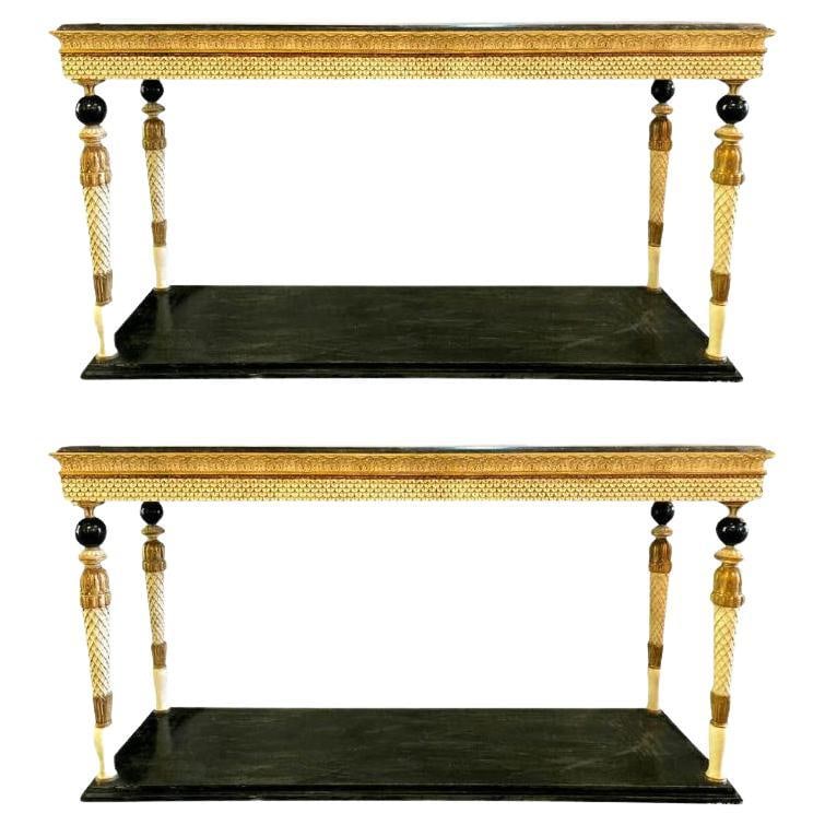 Neoclassical Style Marble-Top Consoles Attributed to Maison Jansen, a Pair: About the Item A pair of neoclassical style marble-top console tables attributed to Maison Jansen as seen on page 201, of the Jansen Furniture book by James Archer Abbott. This incredible stunning pai