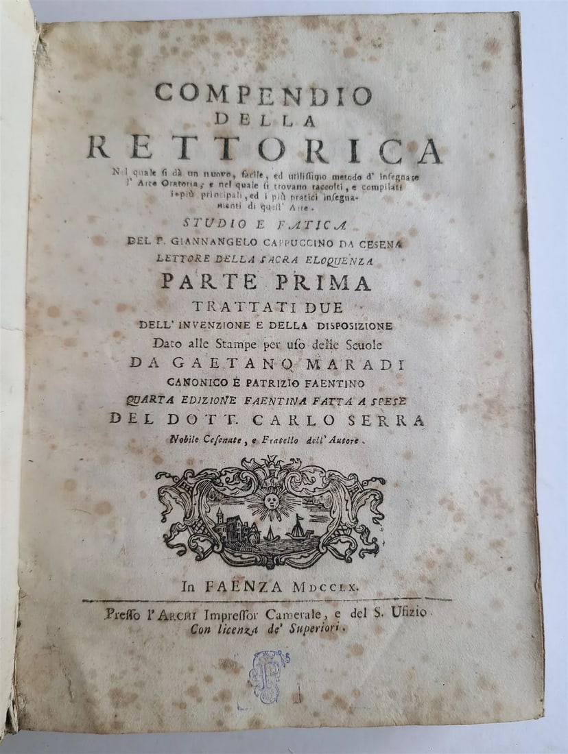 1760 COMPENDIO DELLA RETTORICA in ITALIAN antique VELLUM BOUND: COMPENDIO DELLA RETTORICA Maradi Gaetano e P. Giannangelo da Cesena Faenza, 1760 Size 5 1/2 by 7 3/4" XXVIII, 416 pp. Original full vellum, worn, with stains. Front hinge cracked. Occasional foxing. t