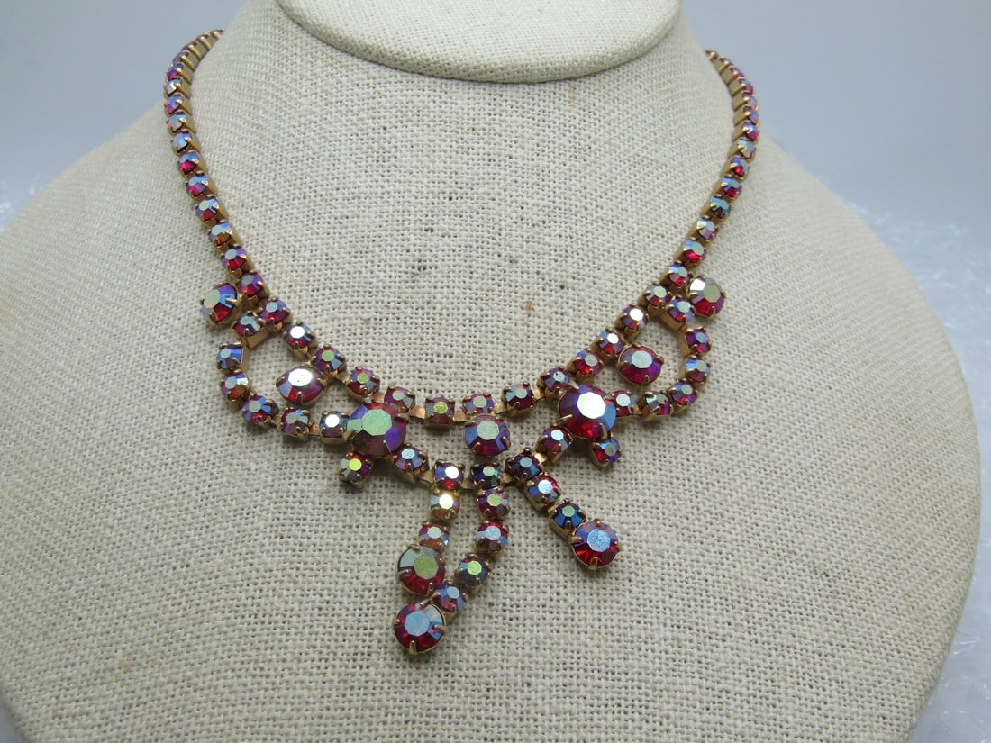 Vintage Red Aurora Borealis Bib Necklace, 15.5", Hook Clasp (1 of 7)
