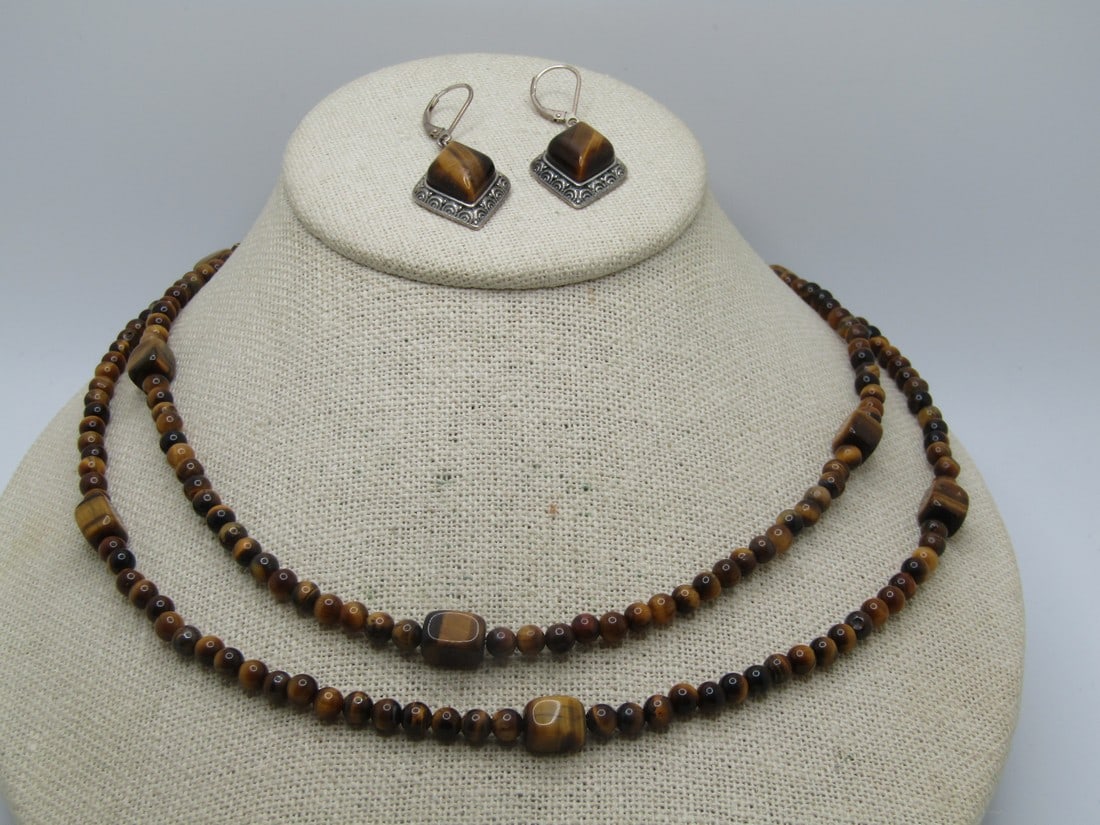 Sterling Tiger's Eye Necklace & Earrings Set, Leverbacks, 35": Sterling Tiger's Eye Necklace & Earrings Set, Leverbacks, 35". The encklace is mostly made-up of tiger's eye beads that average 4.5mm round - there are rectangular beads spaced throughout that are app
