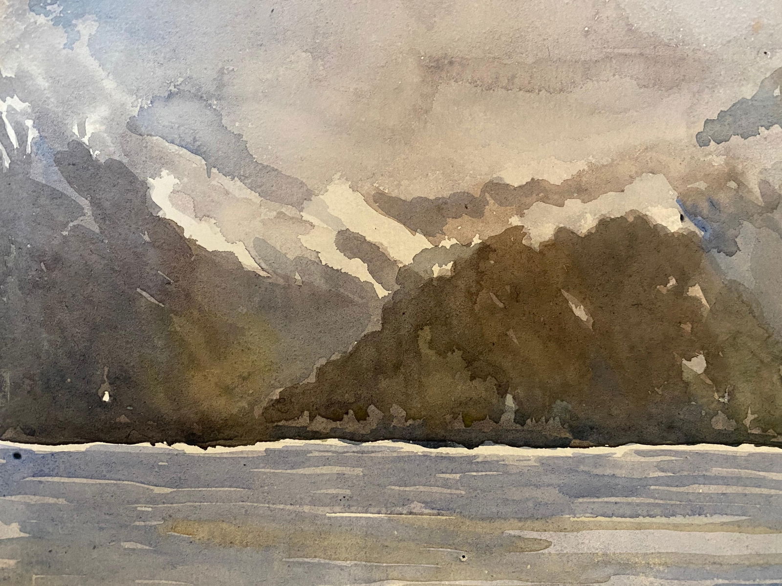 1900's English Impressionist Watercolor Painting Tranquil Hills In The Clouds c. 1900's (1 of 4)