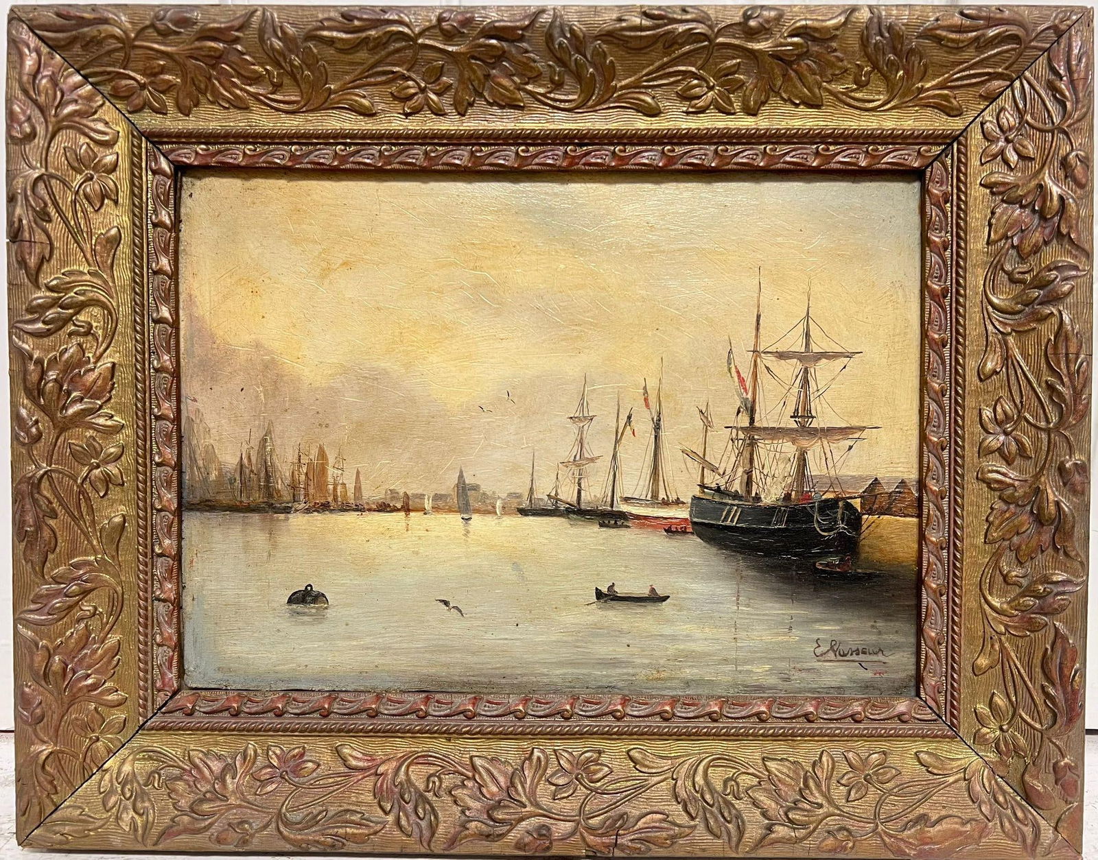 19th Century French Marine Oil Painting Ships Anchored off Harbour Signed (1 of 14)
