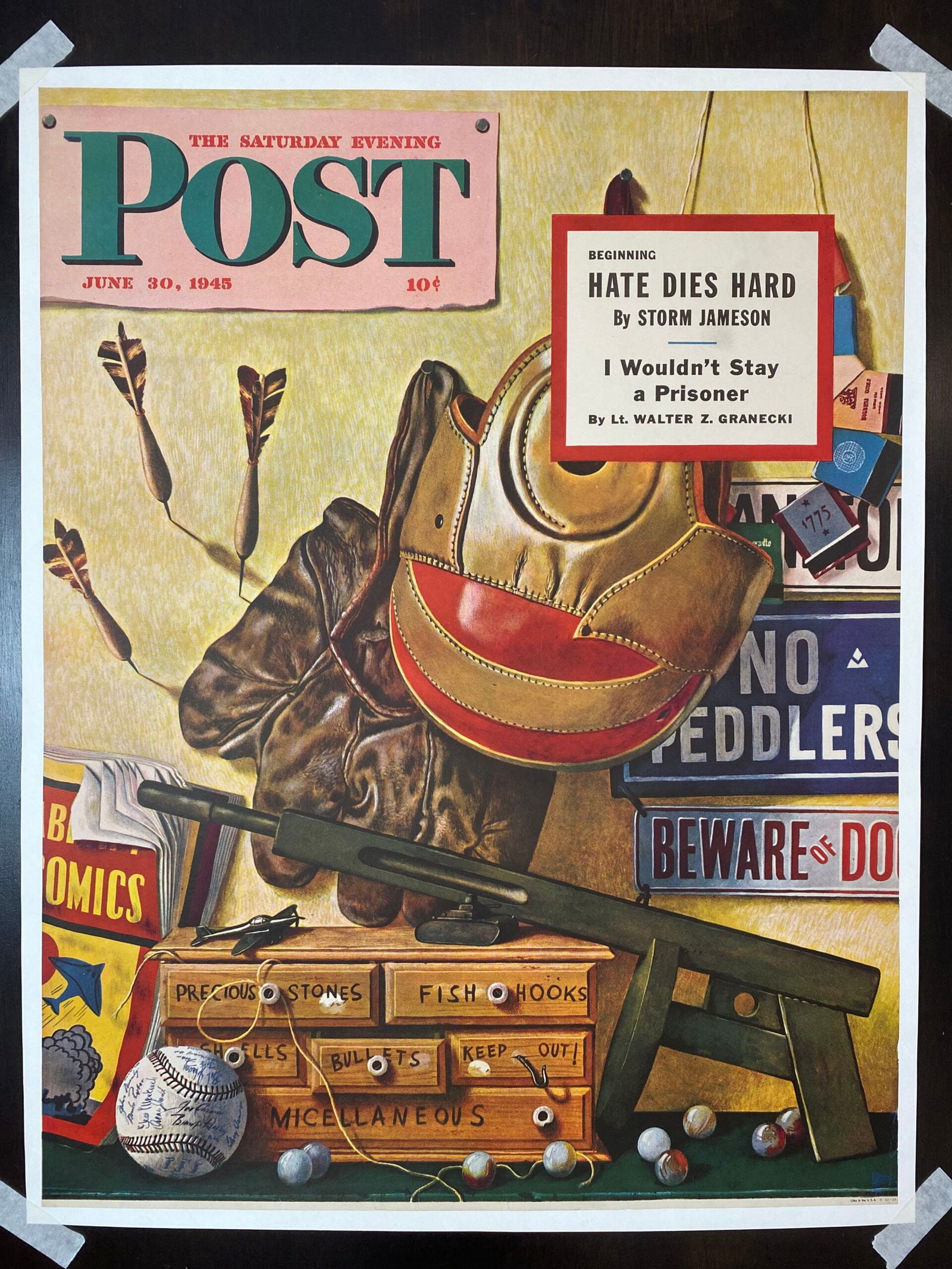 21.5x28 1945 Newstand Poster Saturday Evening Post - Art By John Atherton still Life Of Boys Toys LB: 21.5x28 1945 Newstand Poster Saturday Evening Post - Art By John Atherton still Life Of Boys Toys LB, Please refer to the attached photos to determine the condition of this original vintage item. All